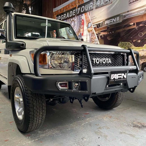 Full Bull Bar Toyota Land Cruiser 70 Series All models complete with Fog Light Inserts and Winch Mount