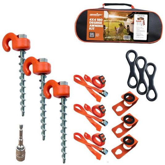 180° 4x4 Awning Tie Down Kit with Straps | Secure Your Awning Ground Dogs