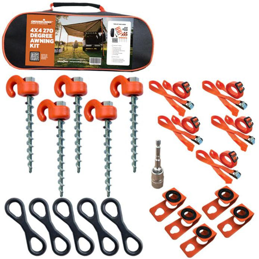 270° Awning Tie Down Pack with Straps | Complete 4x4 Anchoring Kit Ground Dogs