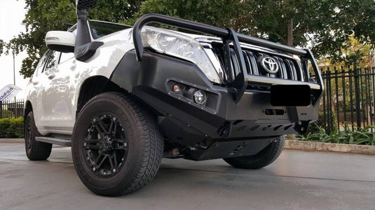 Full Bull Bar Toyota Prado LJ 150 2014 - 2016 series 5 door complete with Fog Light inserts and winch mount.This bar is intended for the Face Lift model AFN