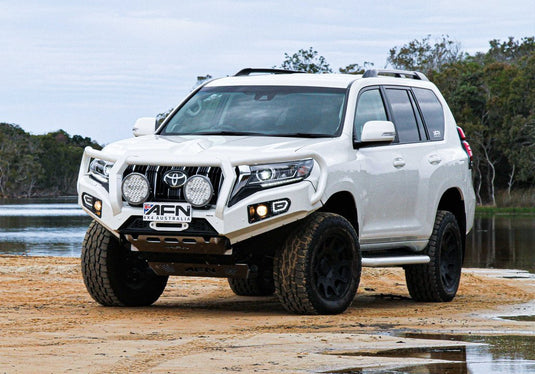 Full Bull Bar Toyota Prado LJ 150 series 2017-2024 5 door complete with Fog Light inserts and winch mount. Prepared for Parking sensors (OEM) and Head AFN