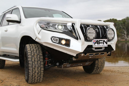Full Bull Bar Toyota Prado LJ 150 series 2017-2024 5 door complete with Fog Light inserts and winch mount. Prepared for Parking sensors (OEM) and Head AFN